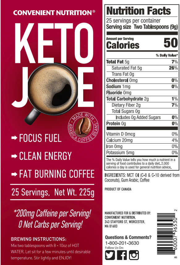 Nutrition facts for Keto Joe Made Arabica focus fuel coffee by Convenient Nutrition. 25 servings per container, 200mg caffeine and zero carbs per serving.