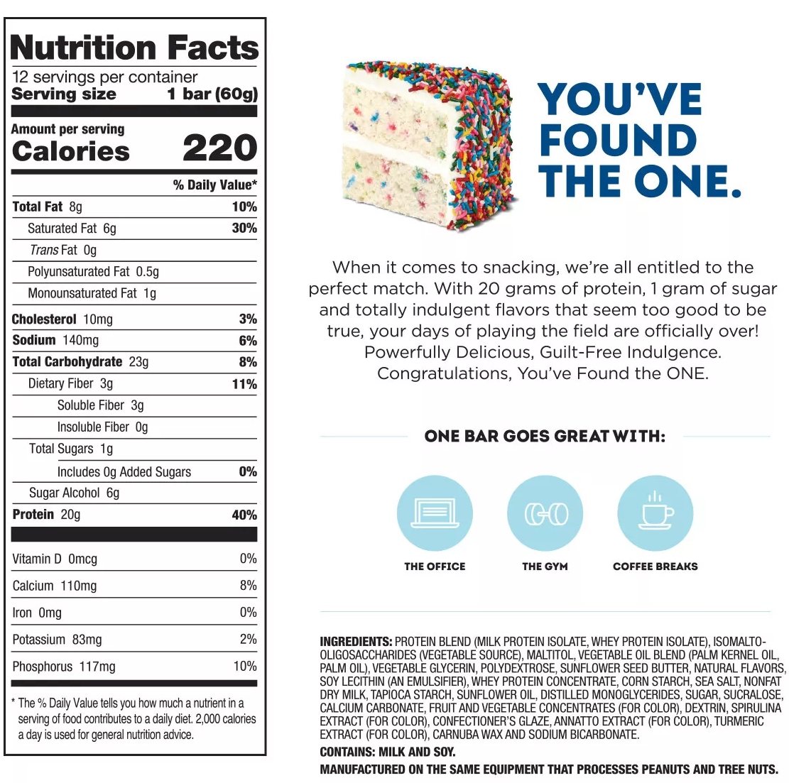 Nutrition facts for a protein bar with 20g protein, 23g carbohydrates, 8g fats, beneficial vitamins & minerals. Contains milk, soy, vegetable oil, natural flavors.