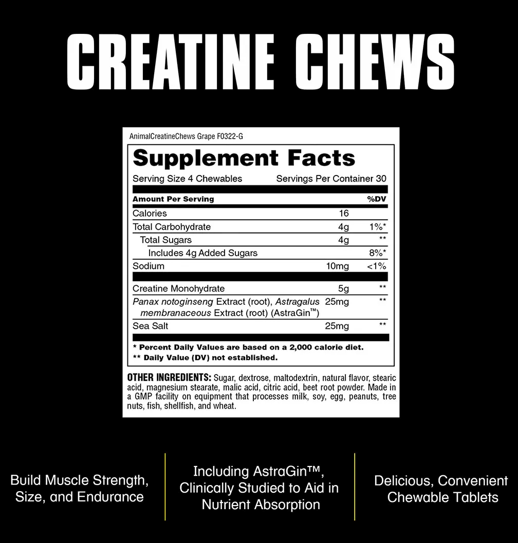 Nutritional information for Animal CreatineChews Grape supplement: serving size 4 tablets, contains creatine, carbohydrates, sugar, sodium.