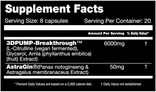 Supplement facts for 8-capsule serving size: 3DPUMP-Breakthrough™M composition, AstraGin® amount, daily value percentages.