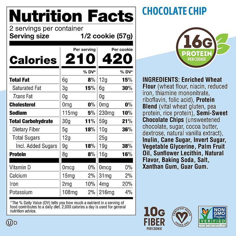 Nutrition facts for a vegan, non-GMO, 16g protein chocolate chip cookie. Contains 210 calories per serving, 6g fat, and 10g fiber.