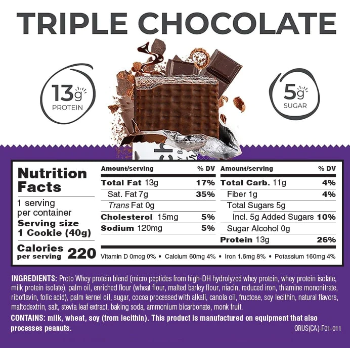 Nutrition facts for a 40g triple chocolate protein cookie: 220 calories, 13g protein, 13g fat, 11g carbs, 5g sugar, and various vitamins and minerals. Contains milk, wheat, and soy.