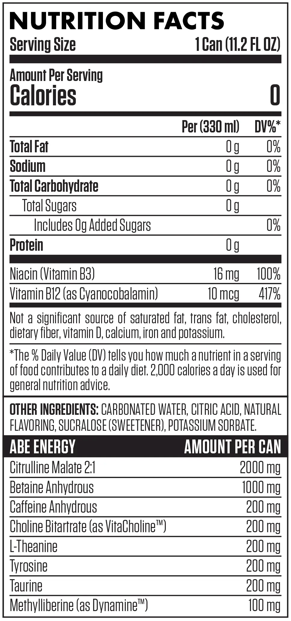 Nutrition facts for a 330ml energy drink, including zero fat, sugars, and sodium. Contains 16mg Niacin and 10mcg Vitamin B12.
