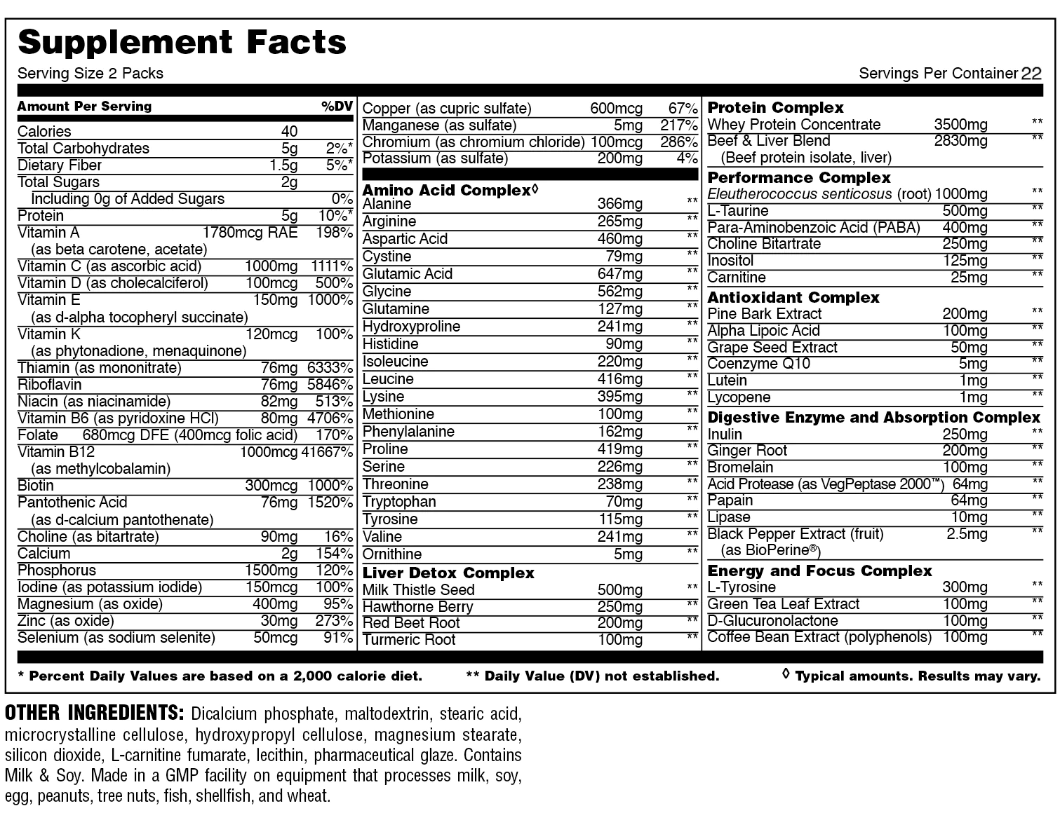 Supplement facts label detailing serving size, calories, carbohydrate, protein, dietary fiber, sugar and vitamin content, as well as other ingredients.
