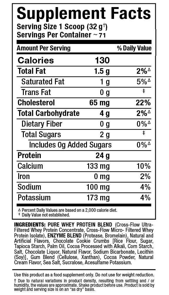 Nutritional facts for a scoop of a whey protein blend food supplement with ingredients listed including chocolate cookie crumbs and sea salt.