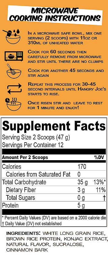 Microwave cooking instructions for a protein supplement involving water, cooking, stirring and resting. Nutritional facts and ingredients listed.