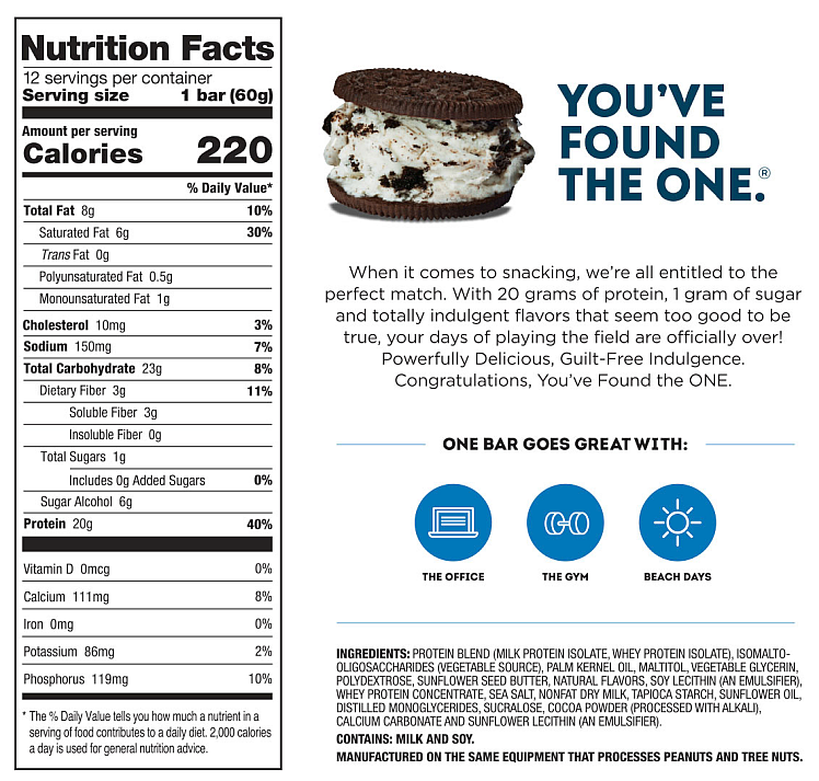 Protein bar nutritional info with 20g protein, 1g sugar, and detailed dietary contents; also includes ingredient details.