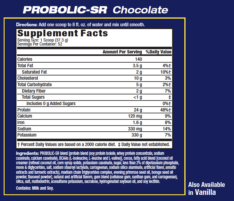 Instructions and ingredients for PROBOLIC-SR Chocolate protein supplement. Contains soy and milk. Available in vanilla.