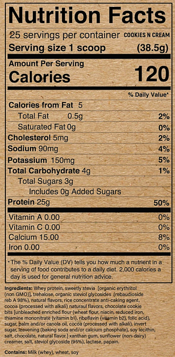 Nutrition facts for Cookies N Cream (38.5g) with 25 servings per container. Each serving contains 120 calories, 25g protein and 4g carbs.
