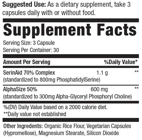 Dietary supplement directions and facts; take 3 capsules daily, 30 servings per container, with key ingredients and daily values.