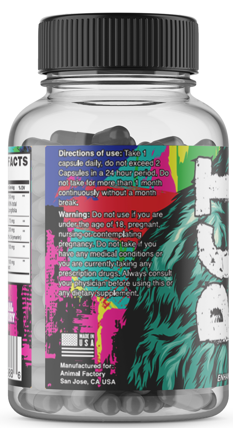 Supplement facts and usage directions for a dietary supplement by Animal Factory, warning against use by certain individuals.