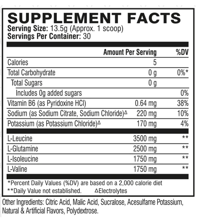 Supplement facts detailing servings, calories, key ingredients, percent daily values, and other ingredients.