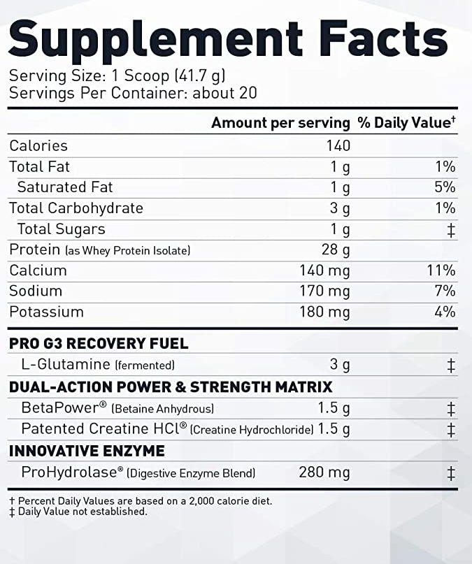 Supplement facts for 1 scoop of PRO G3 Recovery Fuel including Calories, Total/ Saturated Fats, Sugars, Protein, various vitamins and Minerals.