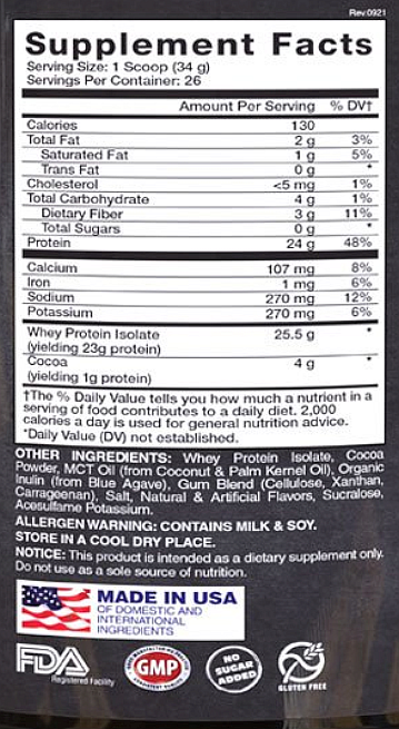 Supplement facts for a serving scoop (34g) of gluten-free whey protein isolate with 23g of protein, also containing cocoa, MCT oil, and inulin.
