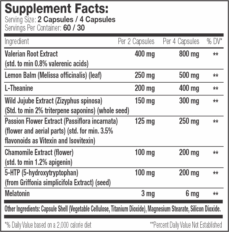 Supplement fact label for capsules containing valerian root, lemon balm, L-Theanine, wild jujube, passion flower, chamomile extracts and melatonin.