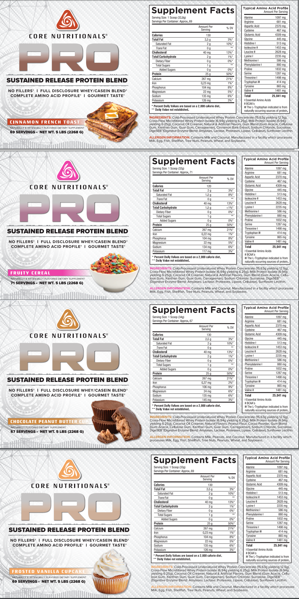 Core Nutritionals offers a range of flavored dietary supplements. The protein blends are full disclosure, filler-free, and contain a complete amino acid profile. Flavors range from cinnamon french toast to frosted vanilla cupcake. Each 5 lb container yields approximately 67-71 servings. The supplements are both naturally and artificially flavored.