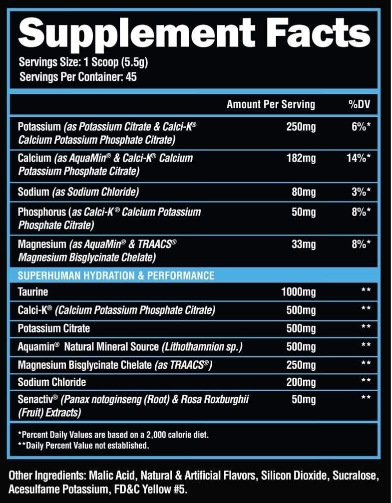 Nutrition label showing serving size and ingredients in a supplement, featuring details of percentage daily values as per a 2000 calorie diet.