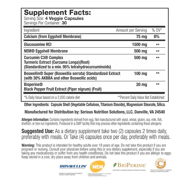 Supplement facts for a dietary pill containing calcium, glucosamine, turmeric, and others. Suggested use is to take two to four times daily. Allergy warning: Contains egg-derived ingredients.