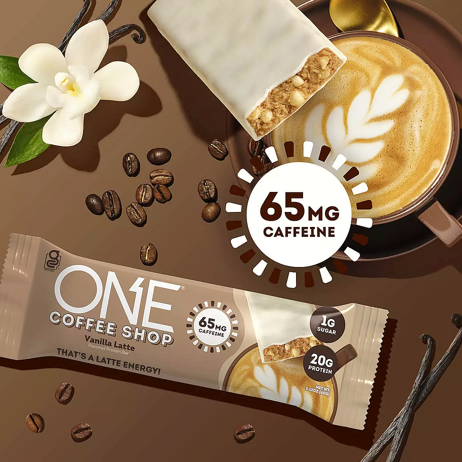 MABA 3 OPERONS plasti MEA Vie 392 Vanilla Latte Flavored Protein Bar with 65mg caffeine, 1g sugar, and 20g protein.