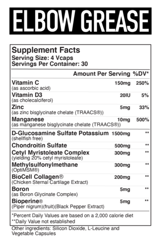 Supplement facts for ELBOW GREASE with vitamins, zinc, manganese, D-Glucosamine, Chondroitin, BioCell Collagen, Boron, Piper nigrum, and more.