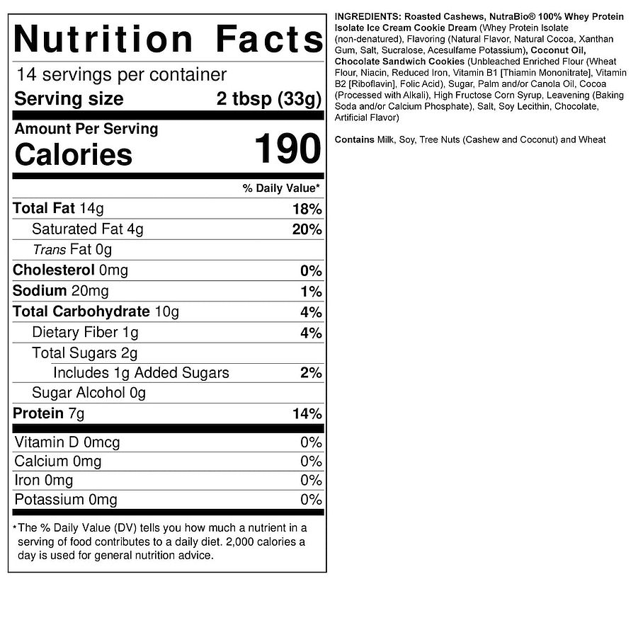 Nutrition label detailing calories, fats, carbohydrates, sugars, and protein contents in a 2 tbsp serving of a product made from cashews, whey protein, and cookies.