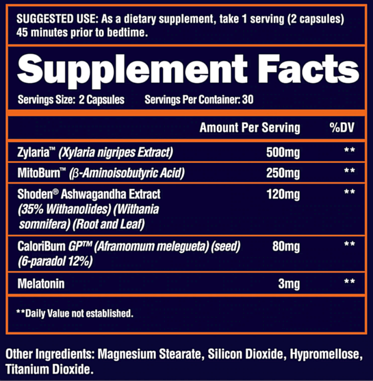 Dietary supplement intake instructions and contents. Includes Zylaria, MitoBurn, Ashwagandha Extract, CaloriBurn, Melatonin among other ingredients.