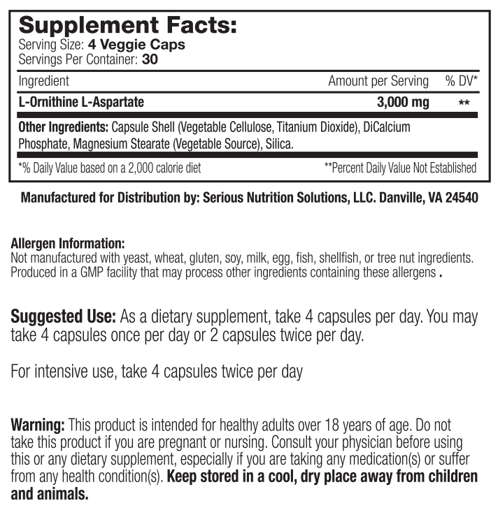 Supplement facts for 4 veggie caps: 3,000 mg L-Ornithine L-Aspartate. Free from common allergens. Daily dose: 4 capsules.