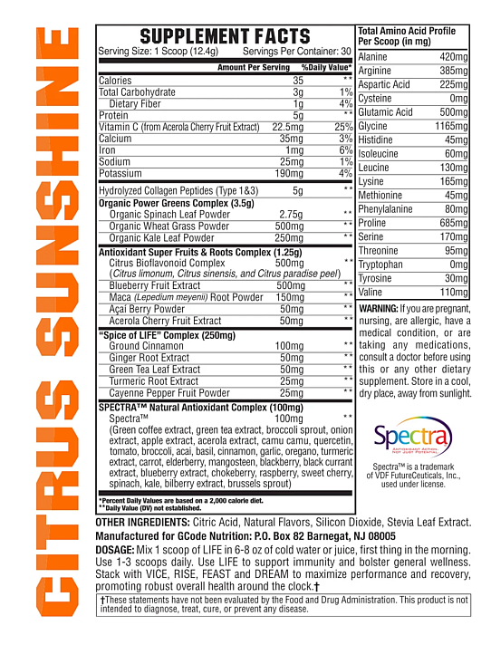 Citrus Sunshine Supplement label showing nutritional values, ingredients, manufacturer info and usage instructions for boosting immunity and overall wellness.
