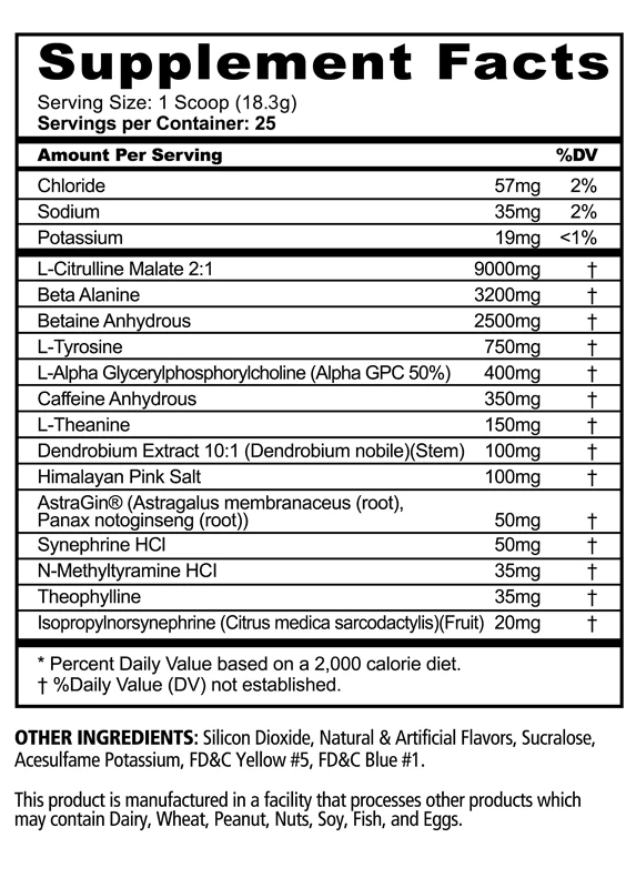 Supplement facts label showing serving size, ingredients, and percent daily values. Includes various minerals, compounds, and potential allergens.
