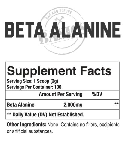 Axe and Sledge Beta Alanine supplement facts showing serving size, servings per container, and ingredients.
