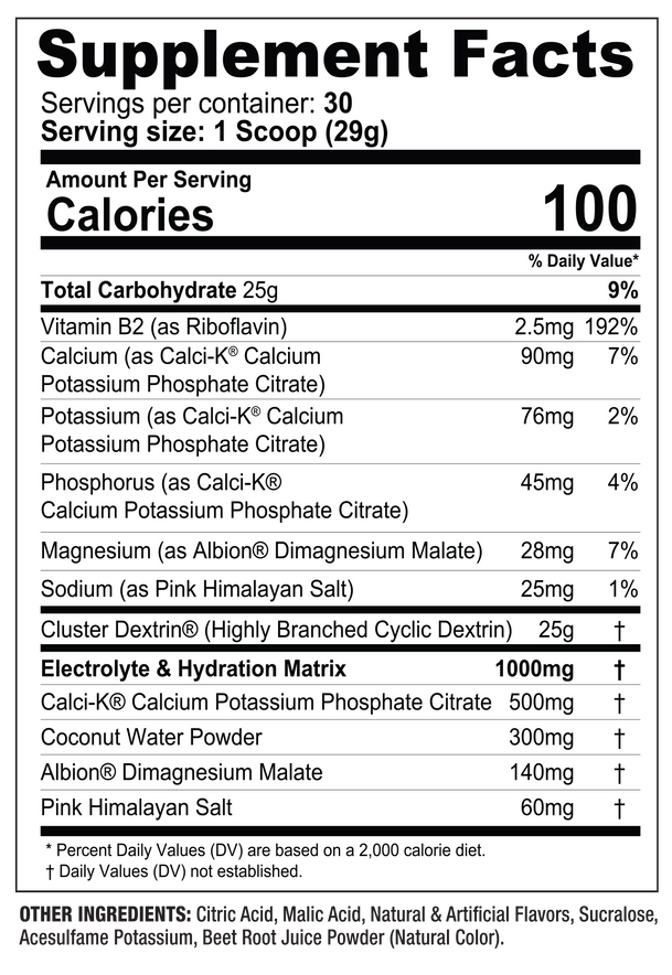 Supplement fact label showing serving size, calories, various vitamins and minerals percentages. Includes ingredient list at end.