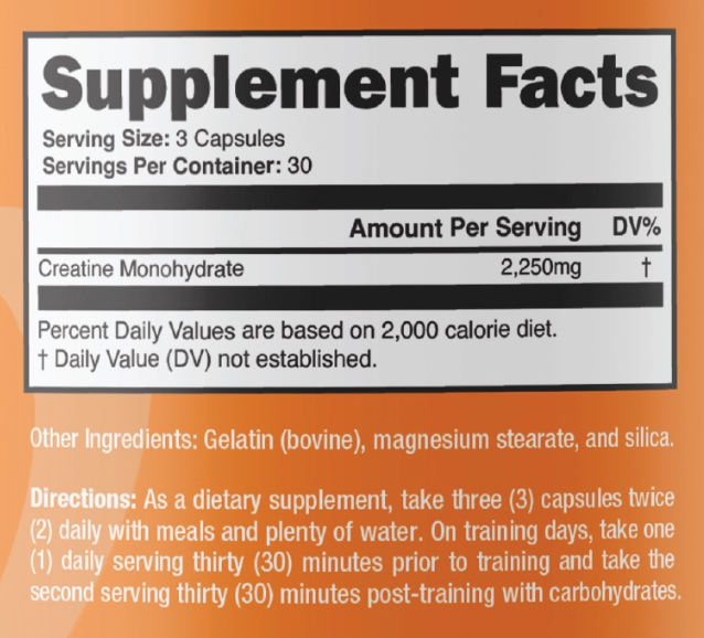 Supplement facts for Creatine Monohydrate capsules including serving size, per serving amount, and directions for usage.