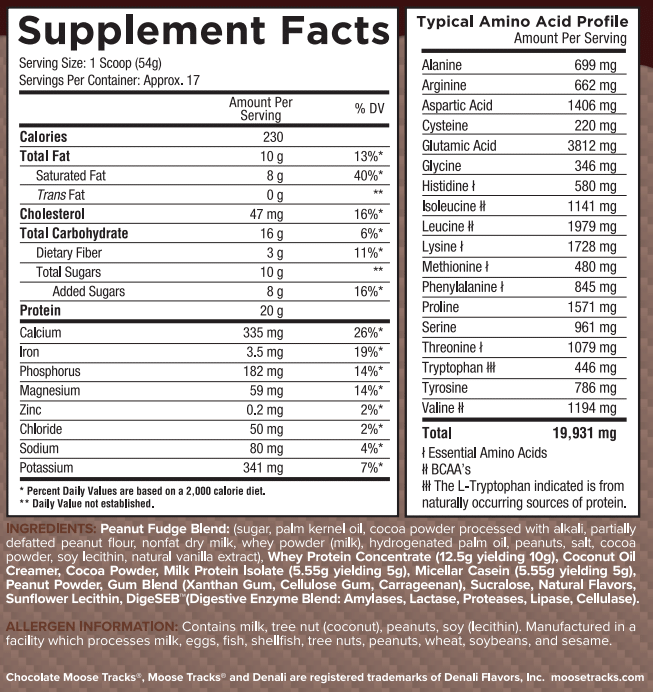 Protein supplement nutritional facts featuring amino acid profile, ingredients, allergen information, and daily value percentages based on a 2,000 calorie diet.