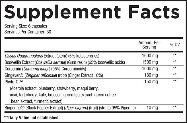 Supplement facts for a serving of 6 capsules, includes Cissus Quadrangularis, Boswellia, Curcumin, Gingever®, Phyto-C™, Bioperine®.