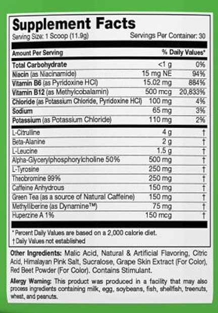 Nutrition facts for a supplement serving: includes niacin, vitamin B6, B12, chloride, sodium, potassium, and other ingredients, serving size is 11.9g.
