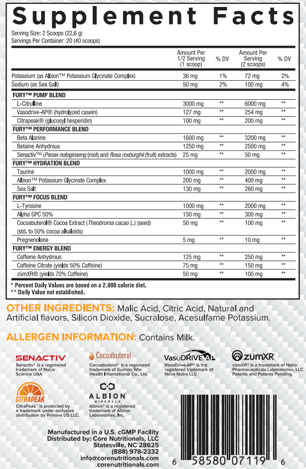 Nutritional supplement facts for 'Fury™', including blends for pump, performance, hydration, focus, and energy with amounts per serving for both 1 and 2 scoops.