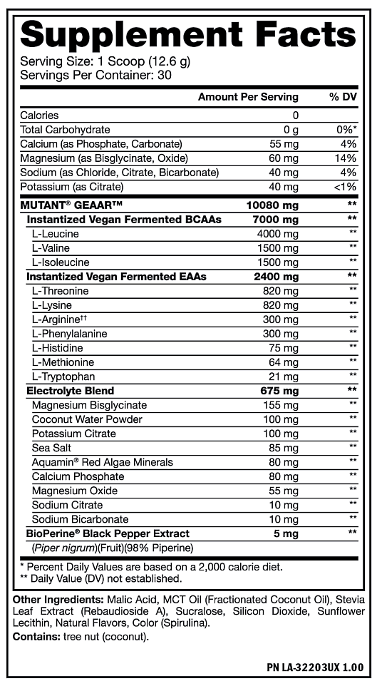 A detailed breakdown of a vegan, fermented supplement with ingredients like BCAAs, EAAS, Electrolyte Blend and BioPerine® Black Pepper Extract.