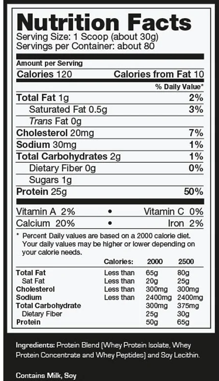 Nutrition facts for a scoop of protein blend product, listing calories, fat, sugar, sodium, cholesterol and vitamin content.