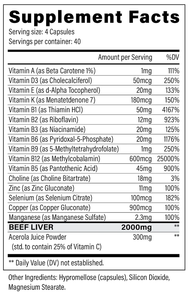 Supplement facts label showing dosage of various vitamins and minerals, such as Vitamin A and D3, and other ingredients like beef liver.