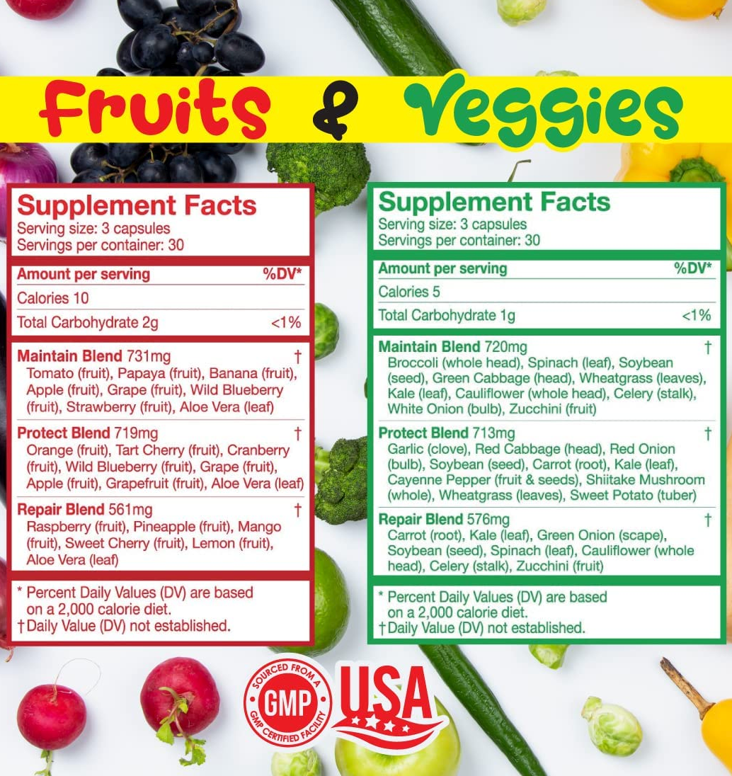 Fruit and Veggie supplements label indicating serving size, calorie content, and various blends of fruits and vegetables included.