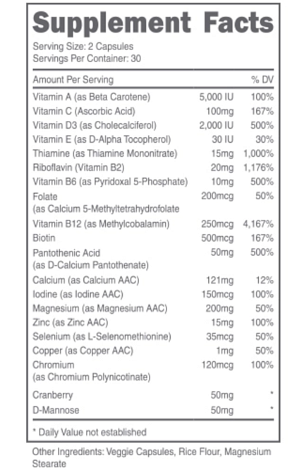 Supplement facts label for capsules containing multiple vitamins, minerals, and cranberry D-mannose, with listed serving size, amount, %DV.