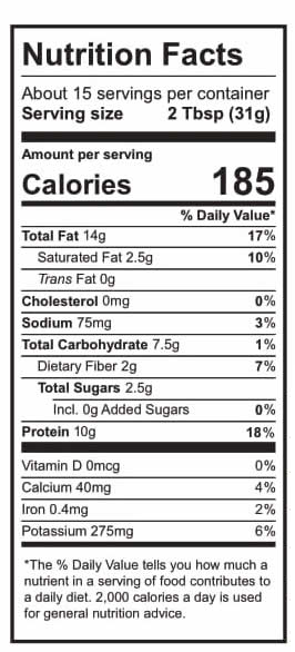 Nutrition facts panel showing servings, calories, fats, sodium, carbohydrates, sugars, and protein content, with percentage daily values provided.