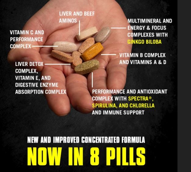 Multivitamin with complexes for performance, detox, absorption, energy, focus, antioxidants, and immune support, including various vitamins and minerals.