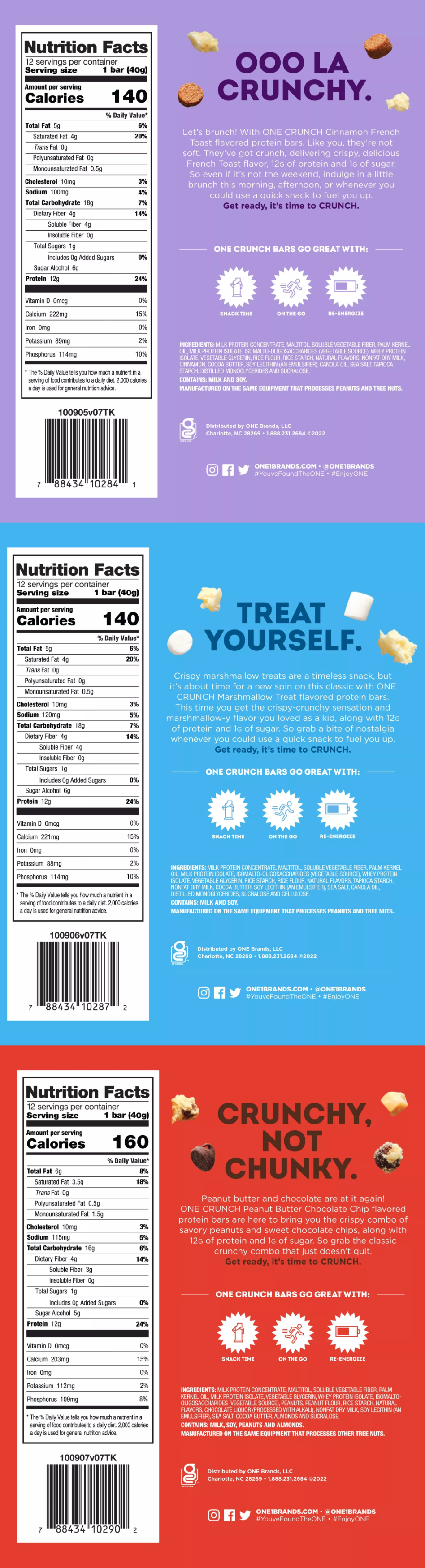 Nutrition facts for ONE Crunch protein bars in the variants Cinnamon French Toast, Marshmallow Treat, and Peanut Butter Chocolate Chip.