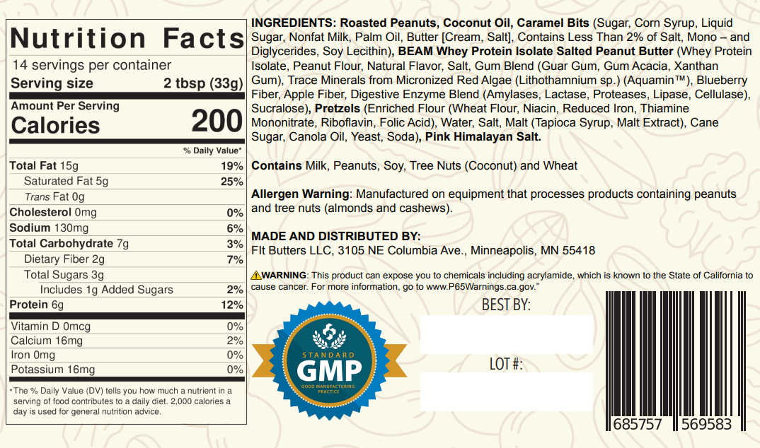 List of ingredients for a salted peanut butter protein mix, including a nutritional facts and allergen warning. Also listing manufacturer details.