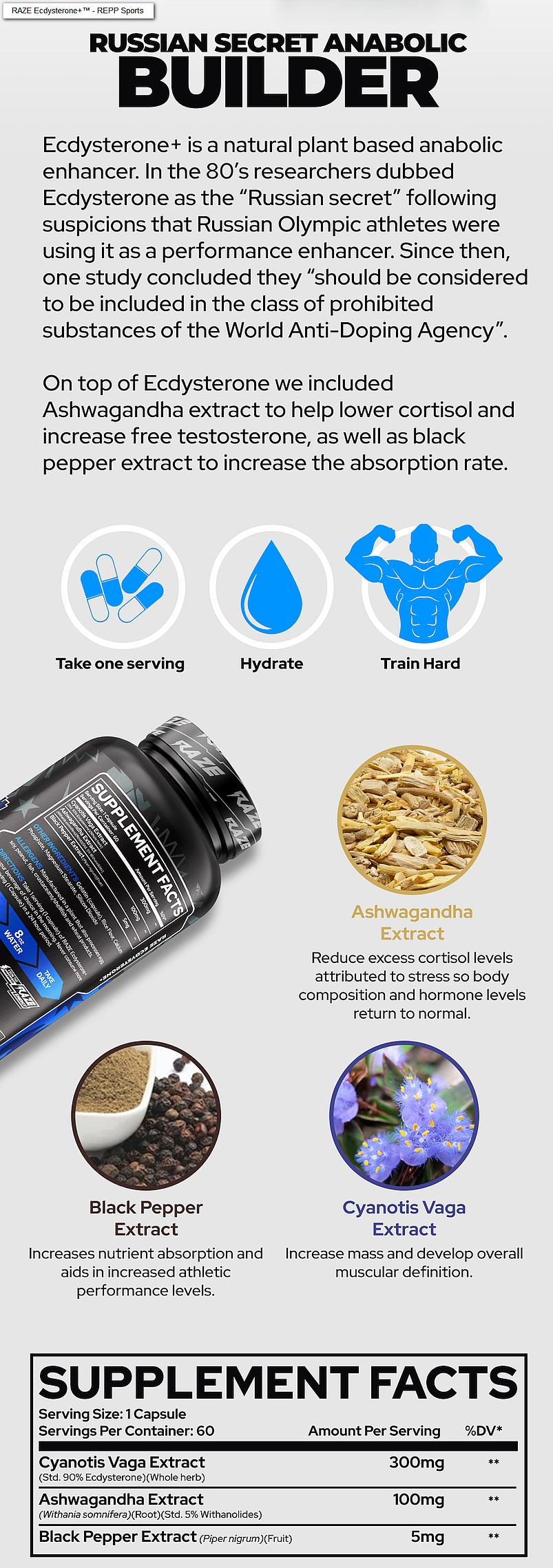 Image displaying information about a product named RAZE Ecdysterone+. It's a plant-based anabolic enhancer used for performance enhancement. It contains Ashwagandha and black pepper extracts.