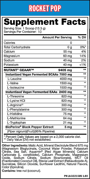 Supplement facts for Rocket Pop with servings per container, calories, ingredients, and daily value percentages based on a 2000 calorie diet.
