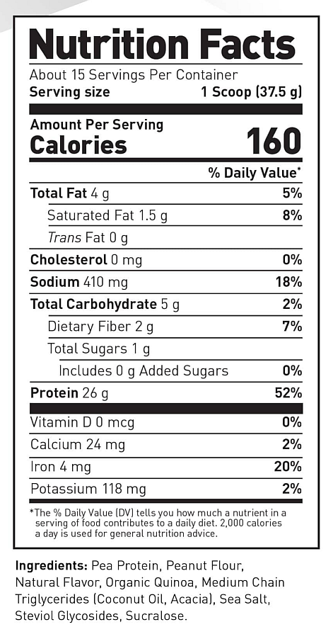 Nutrition facts label showing data for calories, fats, sugars, and vitamins for a product containing pea protein, peanut flour and quinoa.