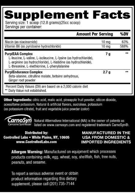 Nutritional facts for a scoop of dietary supplement, showing key ingredients, vitamins, complexes and allergen warning. Manufactured in the USA.