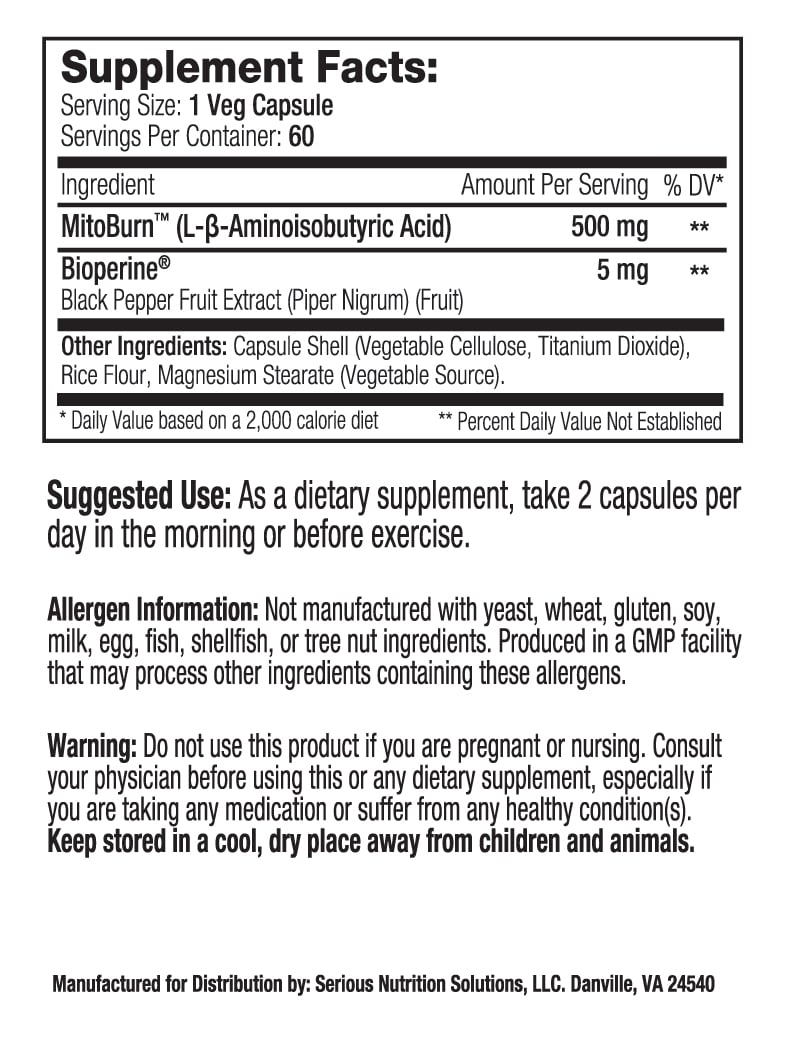 A supplement facts label for a veg capsule containing MitoBurn and Bioperine, with usage instructions and allergen information.